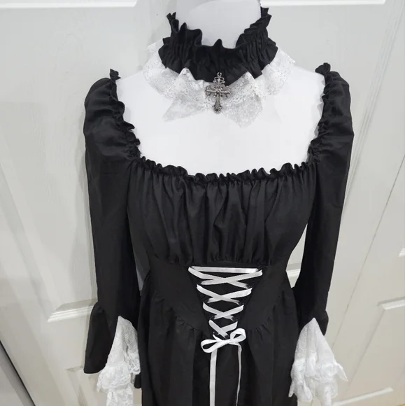 Dolls Kill Dark In Love Black & White Lace Goth Witchy Lace Up Mini Dress M - Picture 10 of 11